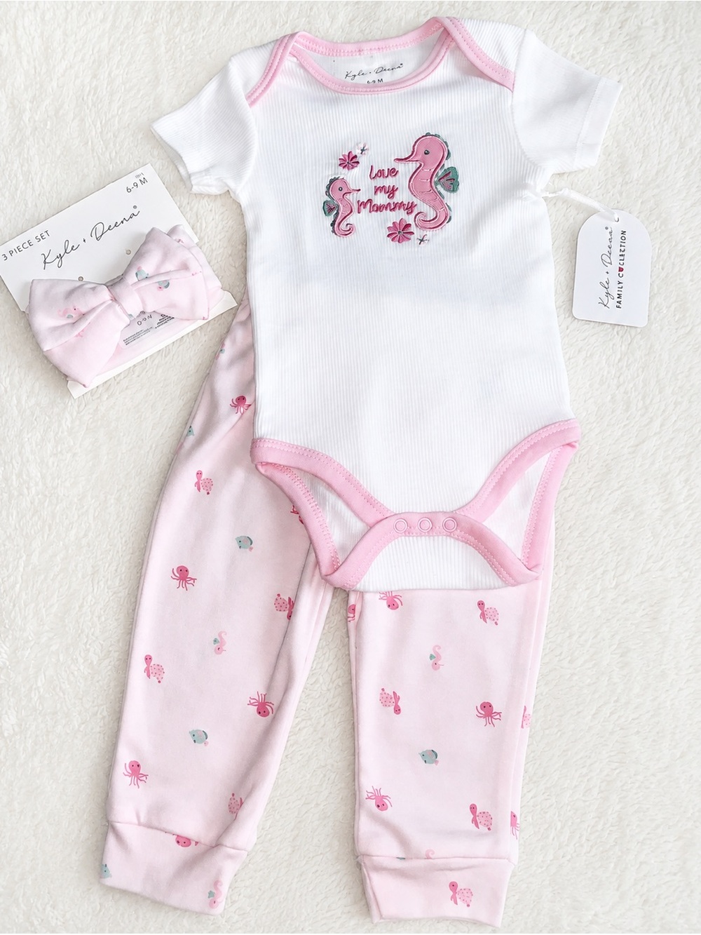 NWT Kyle & Deena 3pc Seahorse Ocean Life Set 6-9w/ Matching Bow Headband